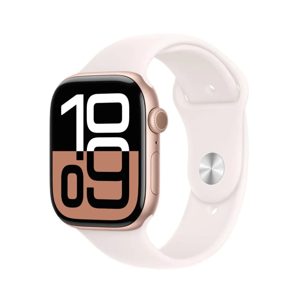 ساعة Apple Watch Series 10 - GPS - مقاس 46 ملم | بهيكل من الألومنيوم بلون وردي ذهبي مع سوار رياضي وردي فاتح مقاس M/L