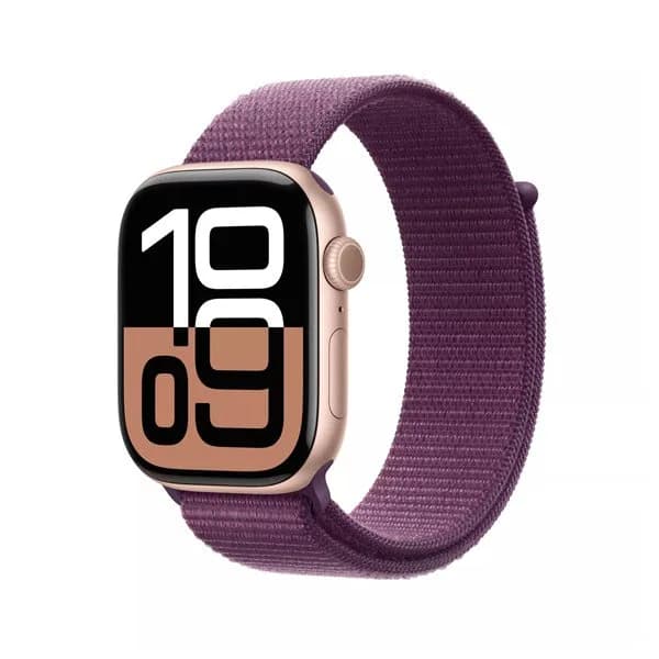 ساعة Apple Watch Series 10 - GPS - مقاس 46 ملم |بهيكل من الألومنيوم باللون الذهبي الوردي مع حزام رياضي باللون الأرجواني