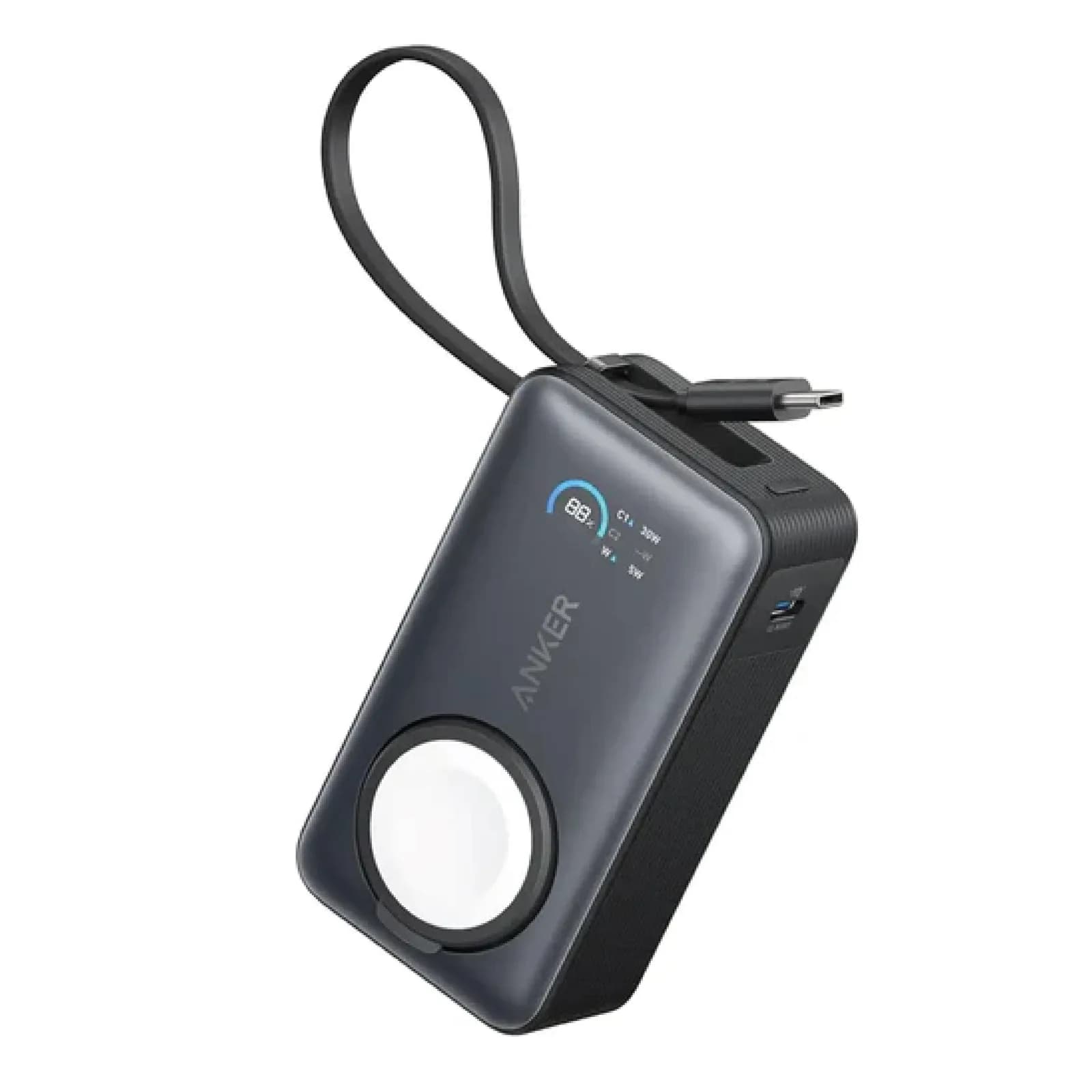 بطارية متنلقة من أنكر MagGo (10 آلاف مللي أمبير، 35 واط، لساعة Apple Watch) مع كيبل USB-C مدمج | أسود