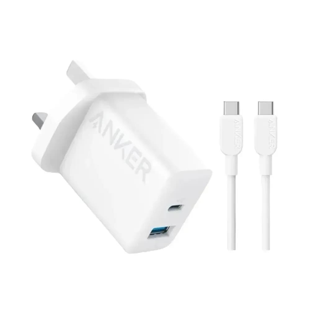 شاحن أنكر ثنائي المنفذ سريع الشحن بقدرة 20 واط مع كابل USB-C | أبيض