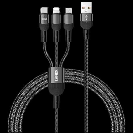 LANEX LS57T 3-in-1 100W Fast Charging Braided Data Cable 1.2M | Black