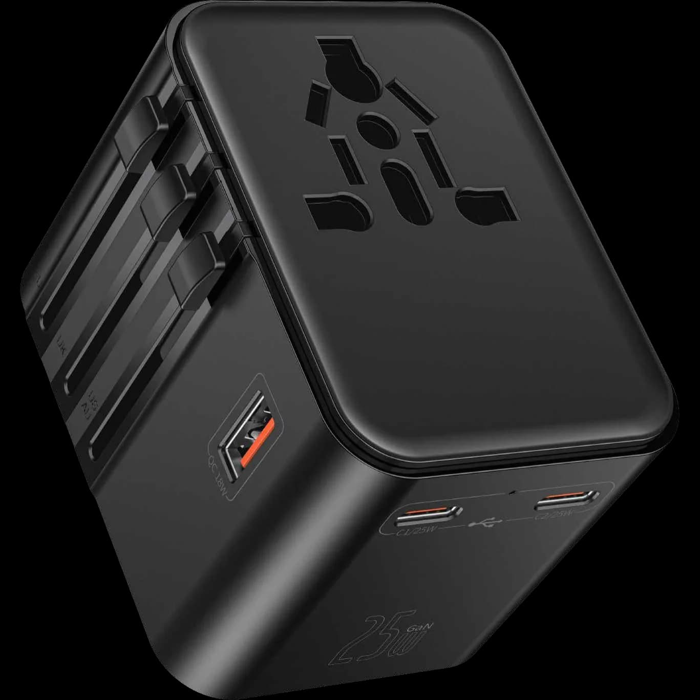LANEX Universal Travel Adapter with 25W GaN Fast Charger | Black