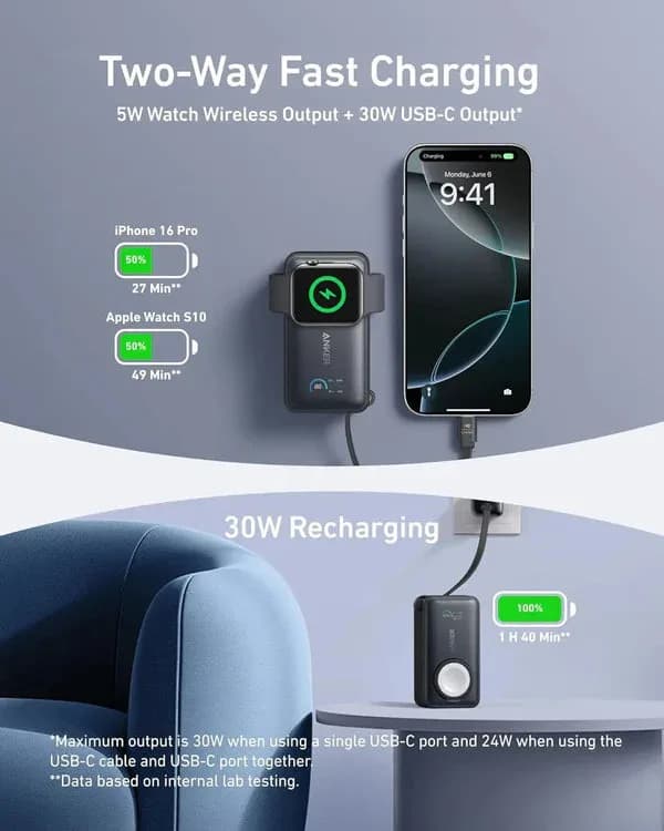 Anker MagGo Power Bank (10K, 35W, For Apple Watch, Built-In USB-C | Black - Image 2