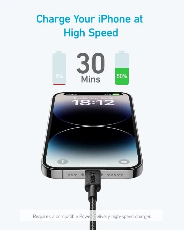 كيبل أنكر 322 من نوع USB-C إلى Lightning مضفر (0.9 متر/3 قدم) | أسود - صورة 2