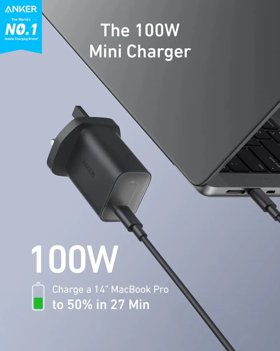 شاحن أنكر نانو 100 واط مع كيبل USB-C بطول 1.8 متر (6 قدم) | شحن فائق السرعة | ActiveShield™ 2.0 | أسود - صورة 2