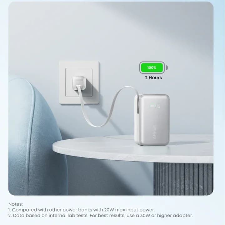 Anker Nano Power Bank 10,000mAh – 45W Fast Charging with Built-in USB-C Cable | White - Image 2