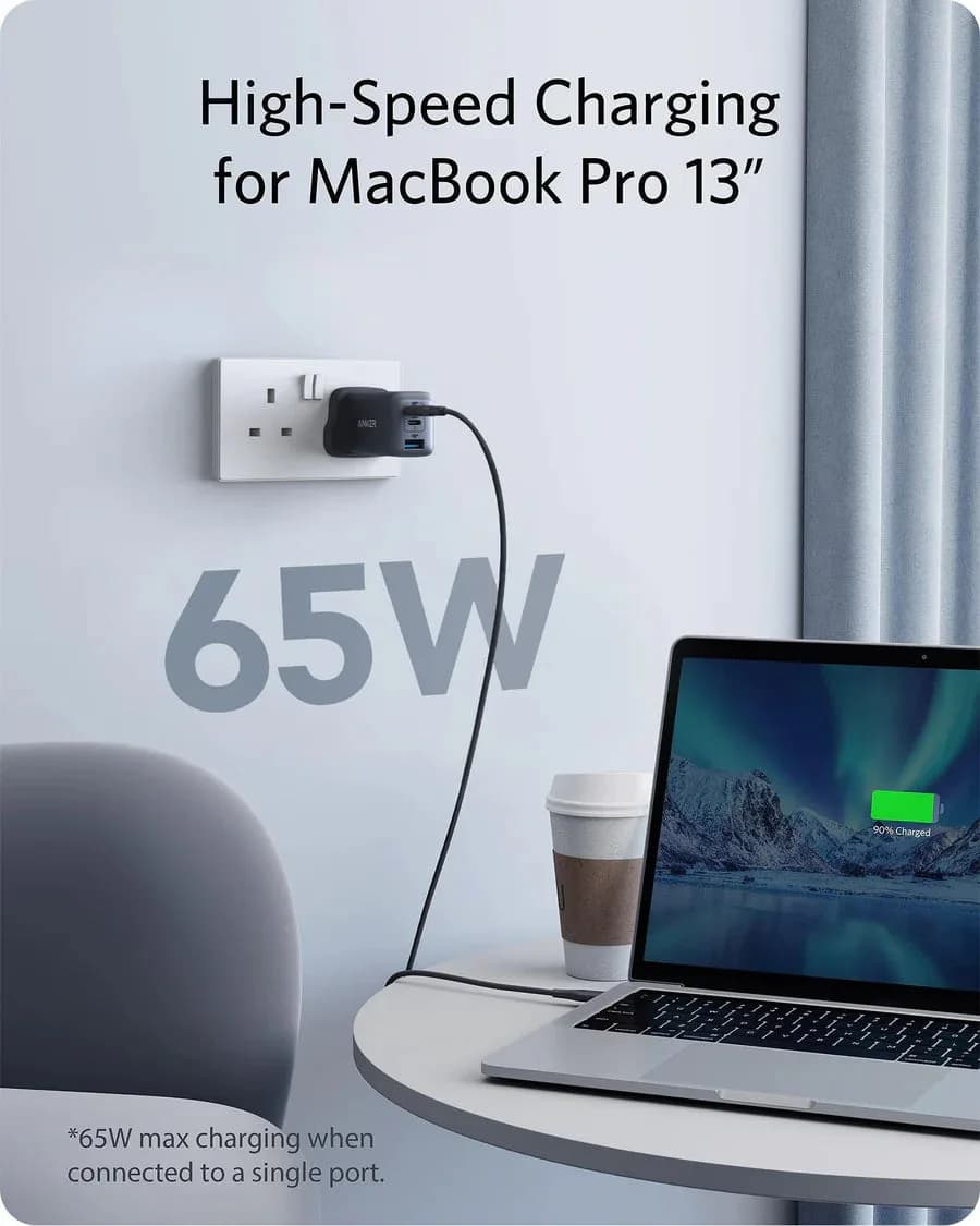 شاحن أنكر PowerPort III بقدرة 65 واط، 3 منافذ | شحن سريع USB-C و USB-A | تقنية PowerIQ 3.0 | أسود - صورة 2
