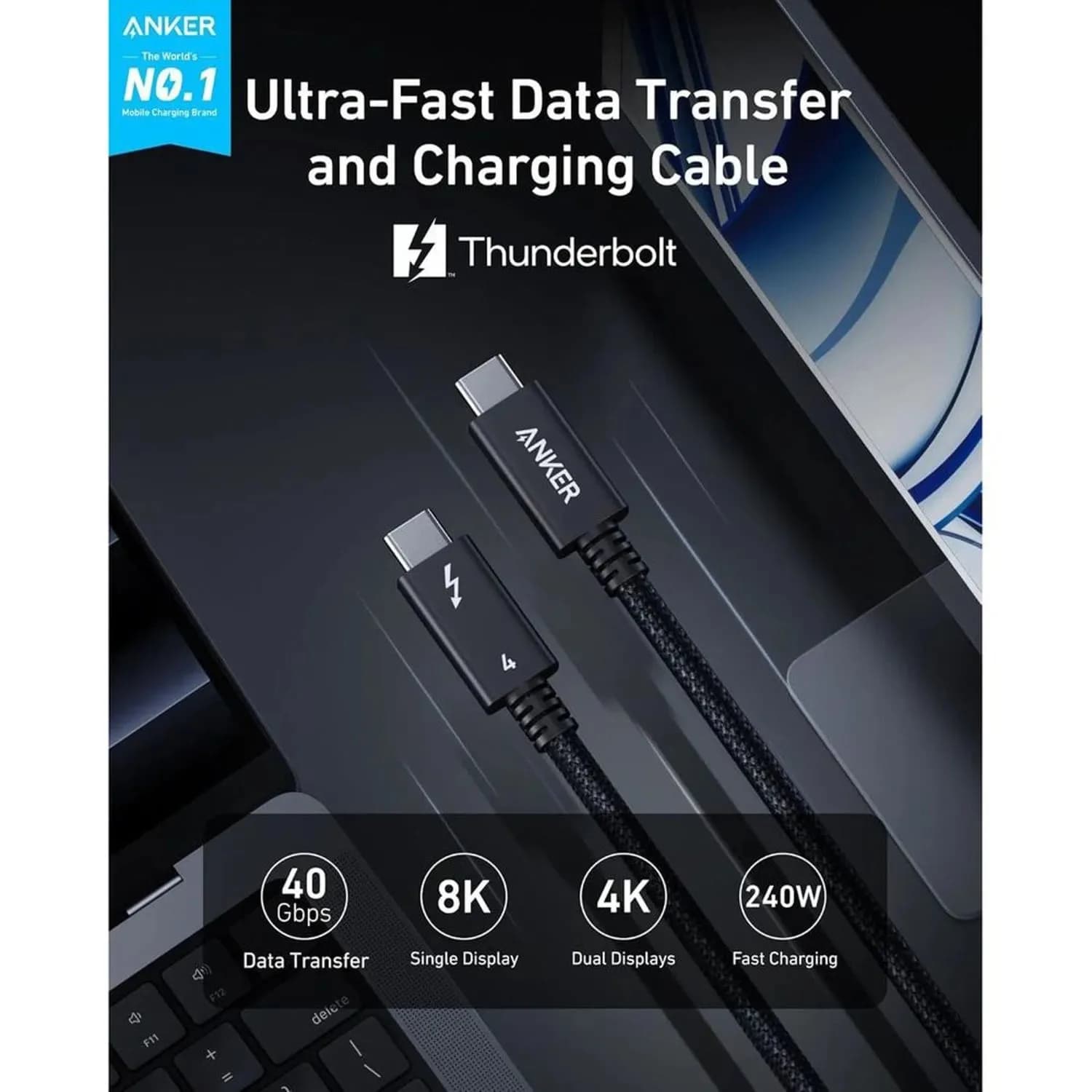 كيبل ANKER Prime Thunderbolt 4 من USB-C إلى USB-C (طول 1 متر / 3.3 قدم – 240 واط – 40Gbps) | أسود - صورة 2
