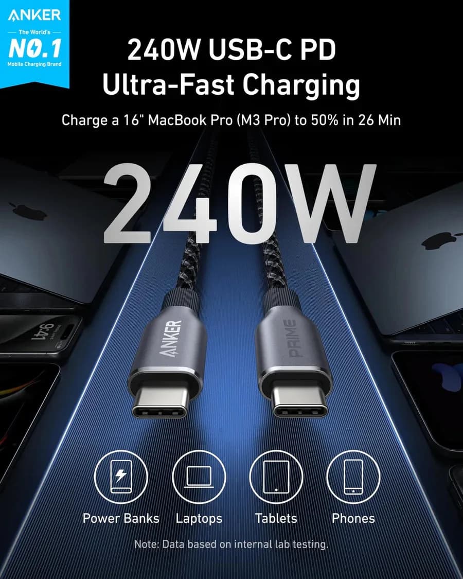 Anker Prime USB-C to USB-C Cable 3ft, 240W, Upcycled-Braided | Black - Image 2