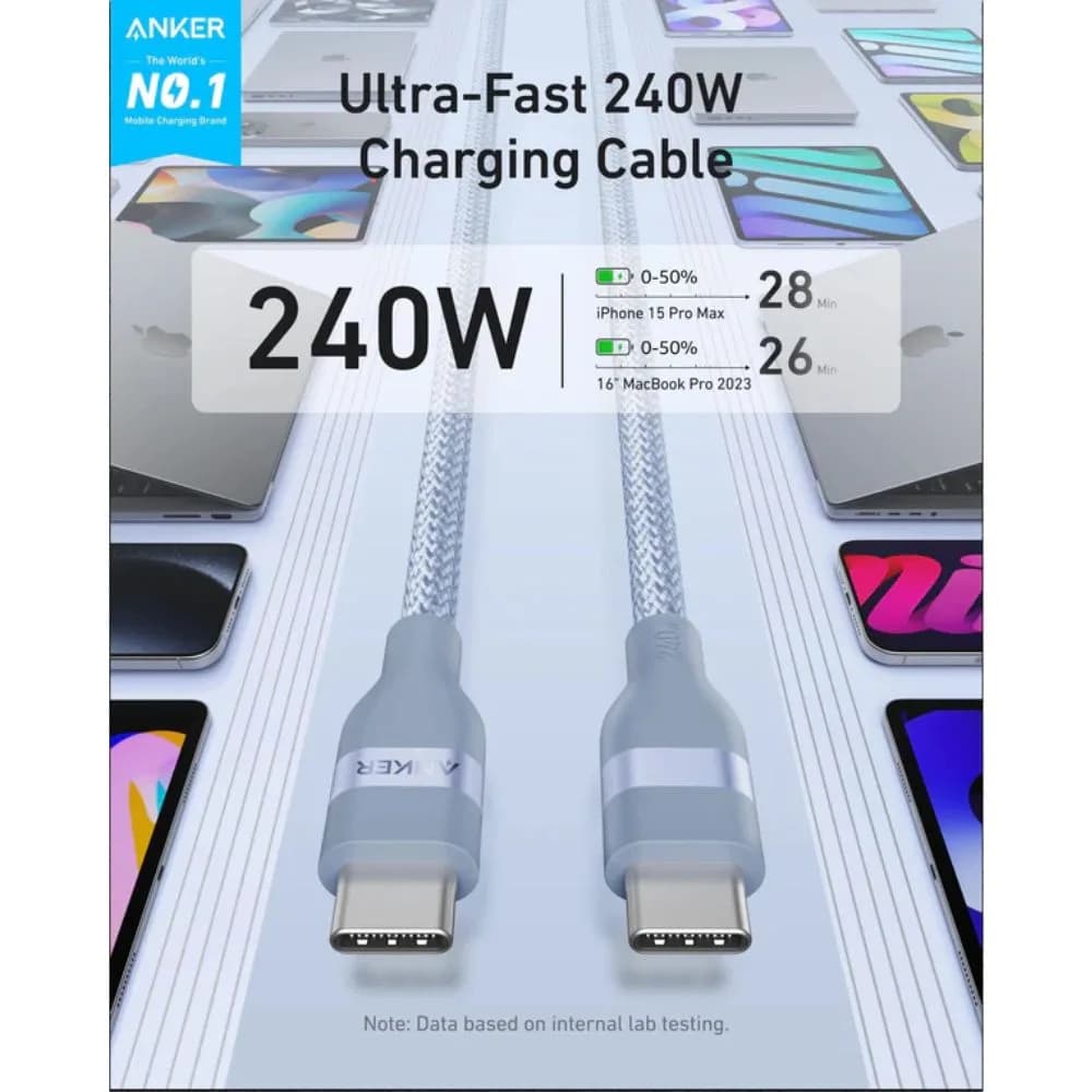 Anker USB-C to USB-C Cable 240W – Upcycled Braided, 0.9m (3ft), Fast Charging | Blue - Image 2