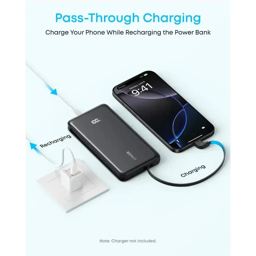 Anker Zolo Power Bank 10,000mAh – 22.5W Fast Charging with Built-In USB-C Cable | Black - Image 2