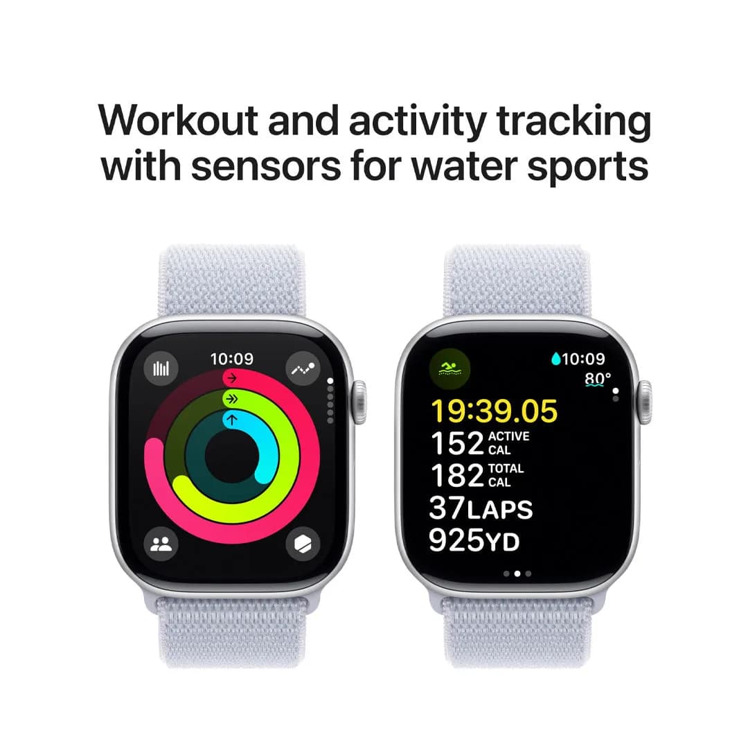 ساعة Apple Watch Series 10 - GPS - مقاس 46 ملم | بهيكل من الألومنيوم بلون فضي مع سوار رياضي سحابي ازرق - صورة 3