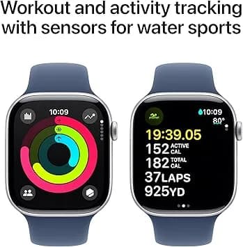 ساعة Apple Watch Series 10 - GPS + Cellular - مقاس 46 ملم - بهيكل من الألومنيوم الفضي مع سوار رياضي بلون Denim مقاس M/L - صورة 3