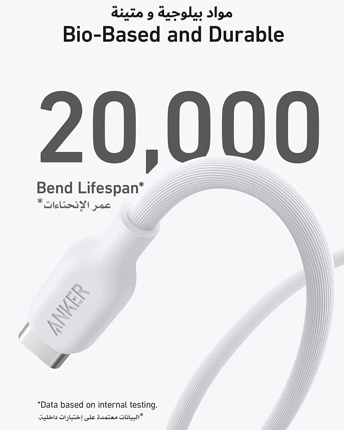 كيبل أنكر 544 مصنوع من مواد طبيعية ومتين  USB-C إلي  USB-C مقاس 3 قدم | أبيض - صورة 3