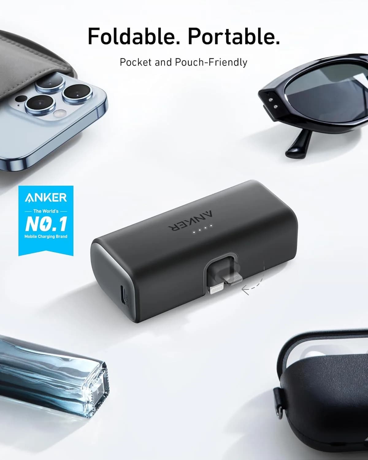 باور بانك Anker Nano بسعة 5000 مللي أمبير مع موصل لايتنينغ قابل للطوي ( 12W ) معتمد من MFi | أسود - صورة 3