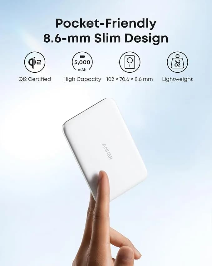 باور بانك ANKER MagGo Slim بسعة 5,000 مللي أمبير – تصميم نحيف بحجم البطاقة مع مغناطيس - صورة 3