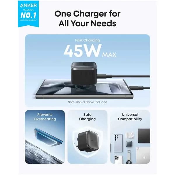 شاحن أنكر نانو سريع 45 واط بتقنية GaN – USB-C | أسود - صورة 3
