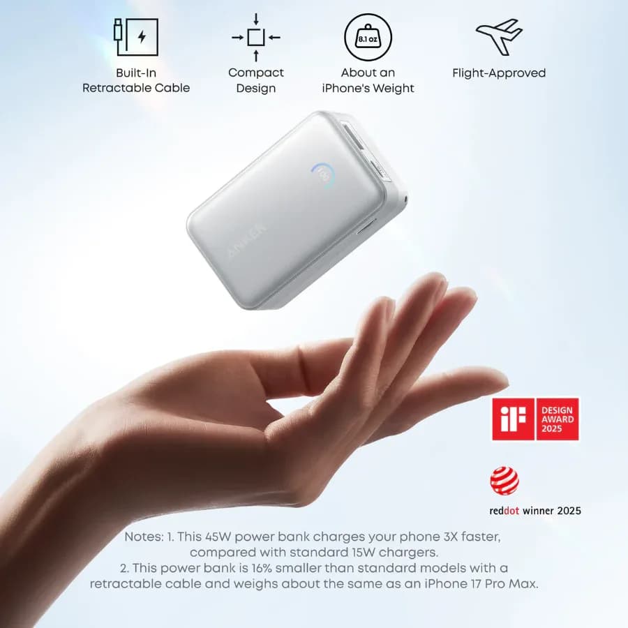 Anker Nano Power Bank 10,000mAh – 45W Fast Charging with Built-in USB-C Cable | White - Image 3