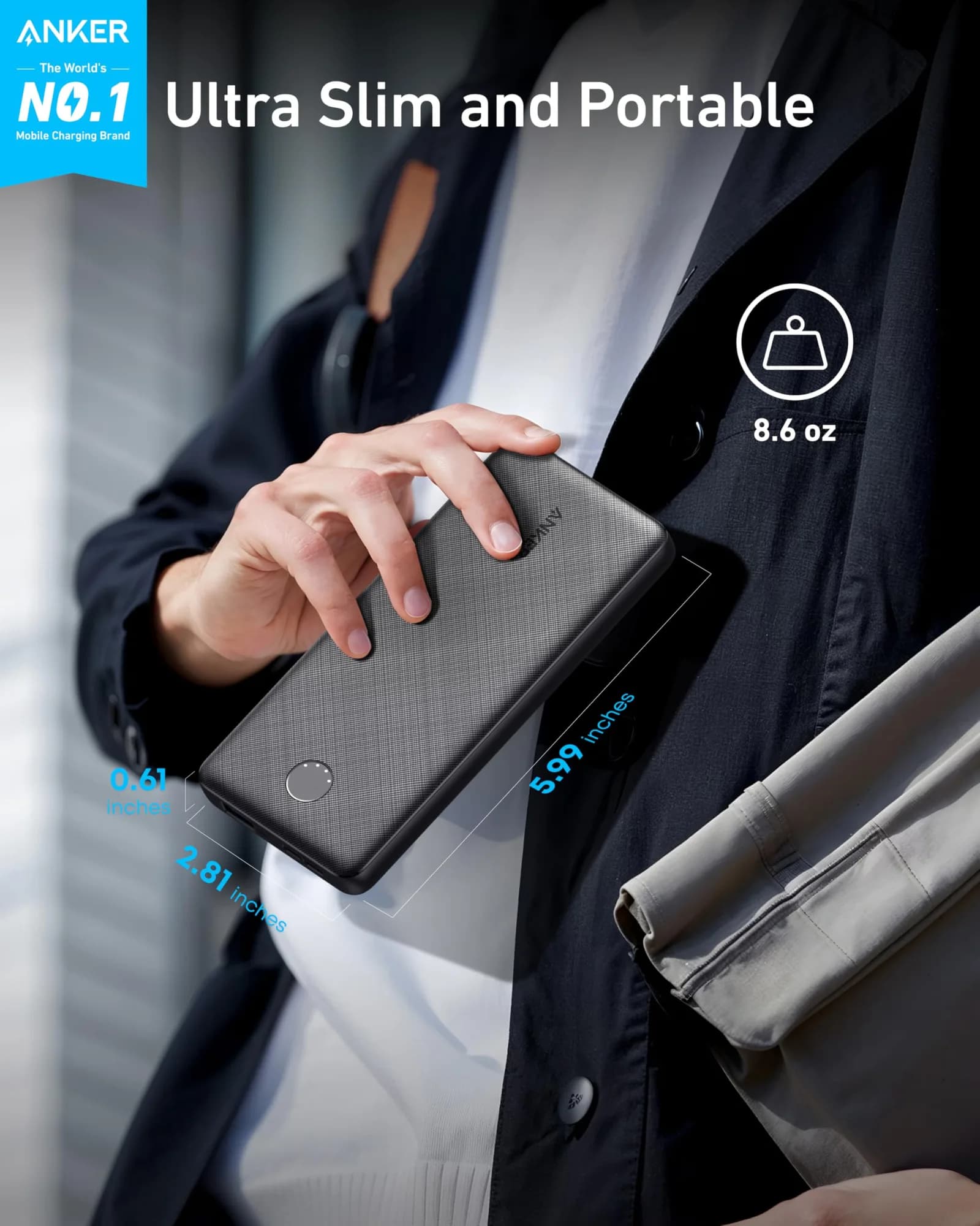 باور بانك من ANKER (سعة 10,000 مللي أمبير – قدرة 15 واط) – منفذ USB-A واحد / منفذ USB-C واحد / Micro USB | أسود - صورة 3