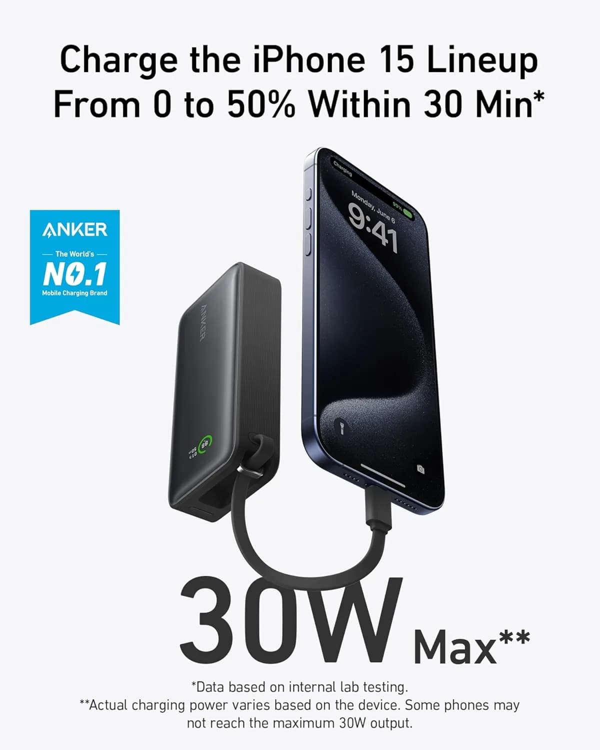 Anker 30W Fast Charging 10000 mAh Built-in USB-C Cable | Black - Image 4