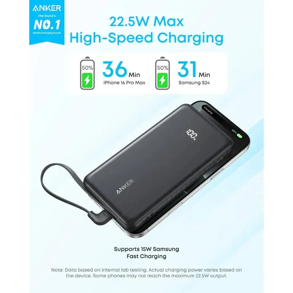 Anker Zolo Power Bank 10,000mAh – 22.5W Fast Charging with Built-In USB-C Cable | Black - Image 4