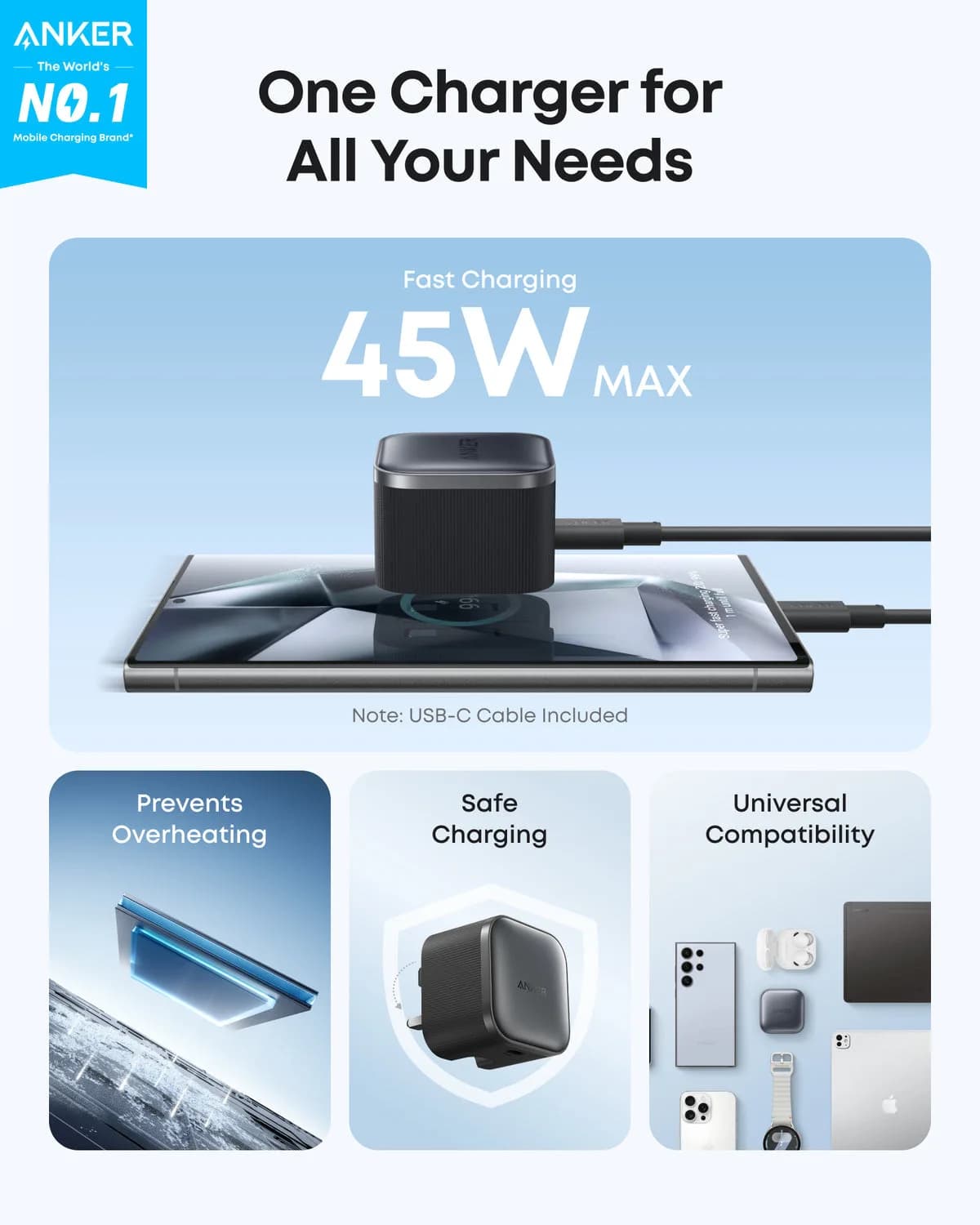 شاحن ANKER Nano بقدرة 45 واط – شحن سريع مع كابل USB-C إلى USB-C | أسود - صورة 5