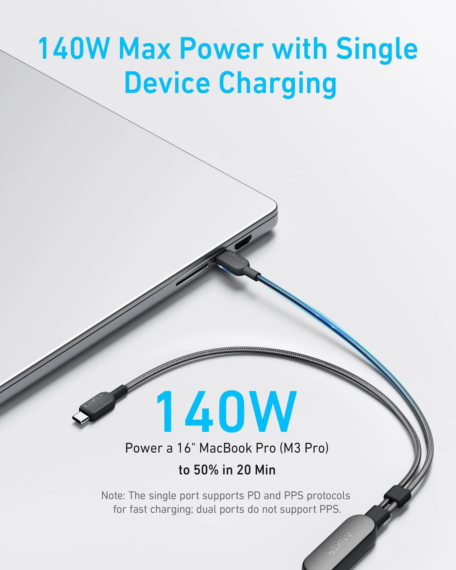 كيبل 2 في 1 USB-C إلى USB-C بطول 4 أقدام/1.2 متر 140 واط من Anker | أسود - صورة 6