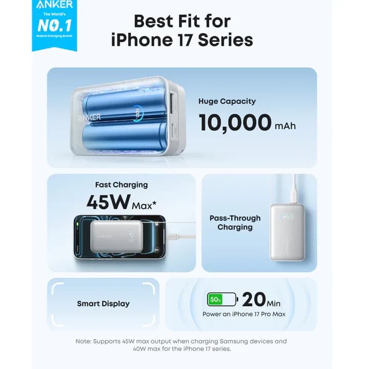 Anker Nano Power Bank 10,000mAh – 45W Fast Charging with Built-in USB-C Cable | White - Image 6