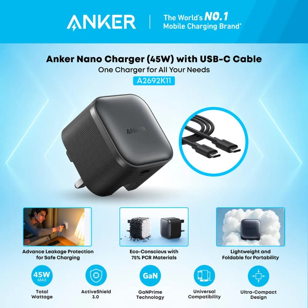 شاحن ANKER Nano بقدرة 45 واط – شحن سريع مع كابل USB-C إلى USB-C | أسود - صورة 7