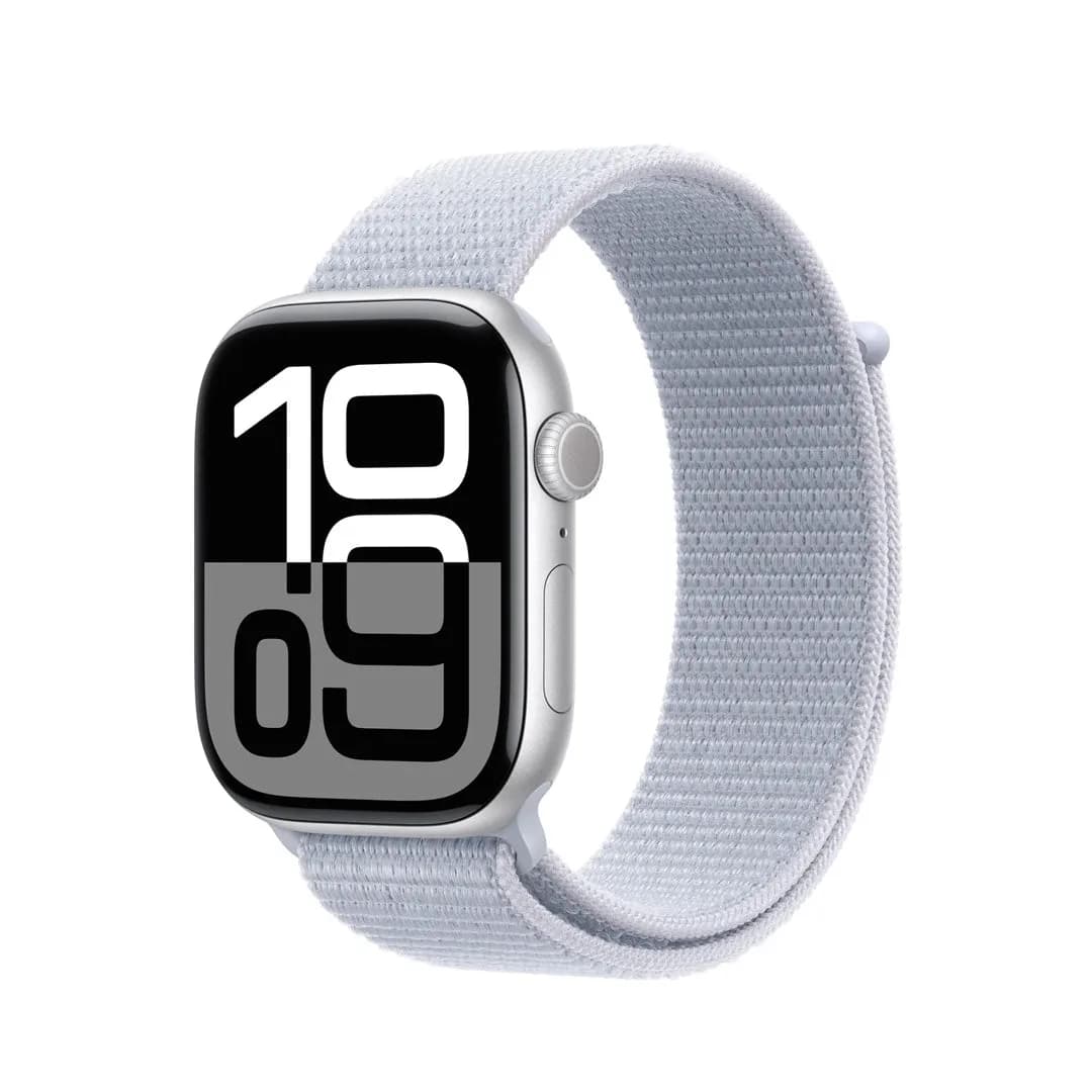 ساعة Apple Watch Series 10 - GPS - مقاس 46 ملم | بهيكل من الألومنيوم بلون فضي مع سوار رياضي سحابي ازرق