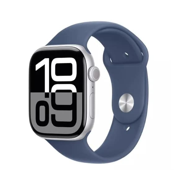 ساعة Apple Watch Series 10 - GPS + Cellular - مقاس 46 ملم - بهيكل من الألومنيوم الفضي مع سوار رياضي بلون Denim مقاس M/L