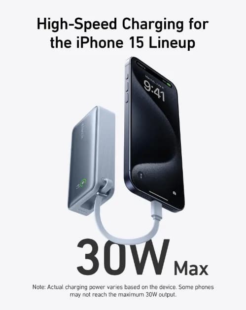 Anker Power Bank 30W Fast Charging 10000 mAh Built-in USB-C Cable | Blue - Image 2
